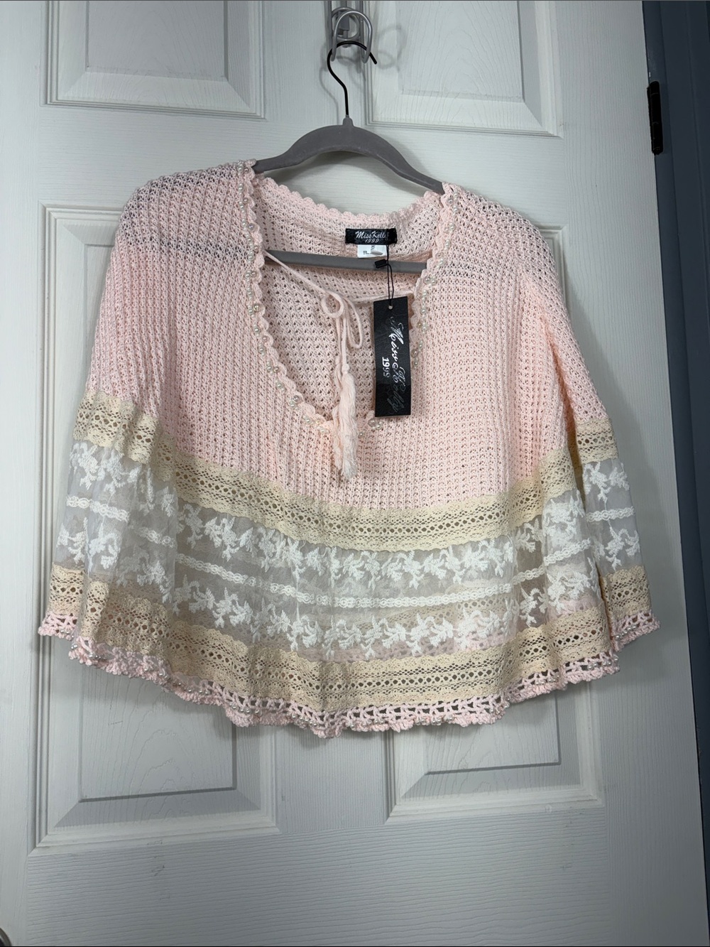 Whispering Hearts Light Pink Crochet Lace Tie-Neck Tunic